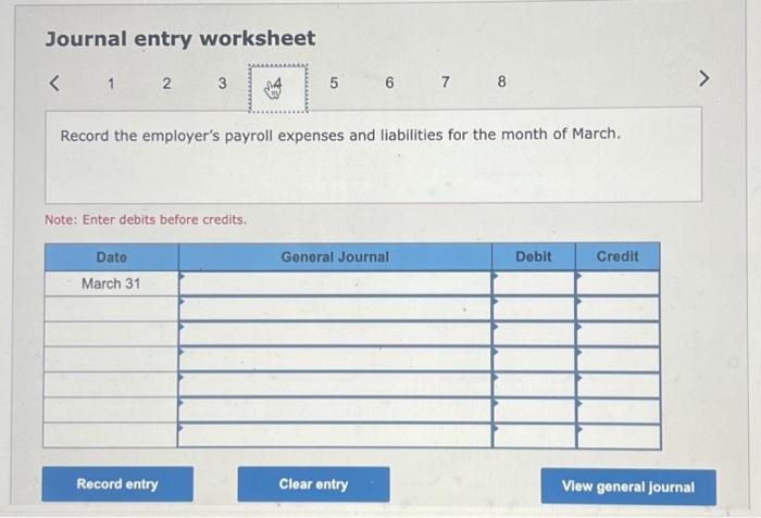 payroll expenses and liabilities for the month of March. Note: Enter debits