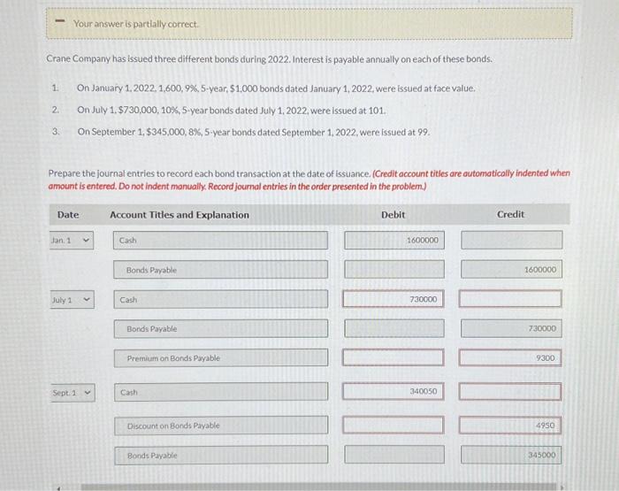 help please Your answer is partially correct. Crane Company has issued three