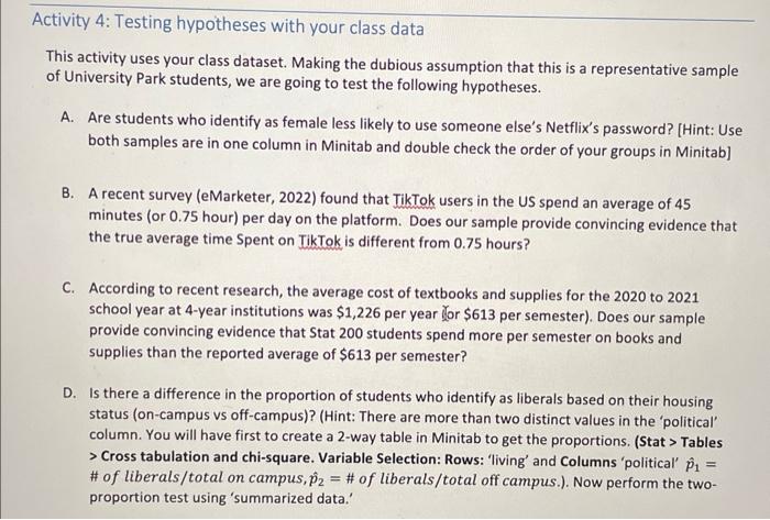 testing hypothesis with your class data Activity 4: Testing hypotheses with your