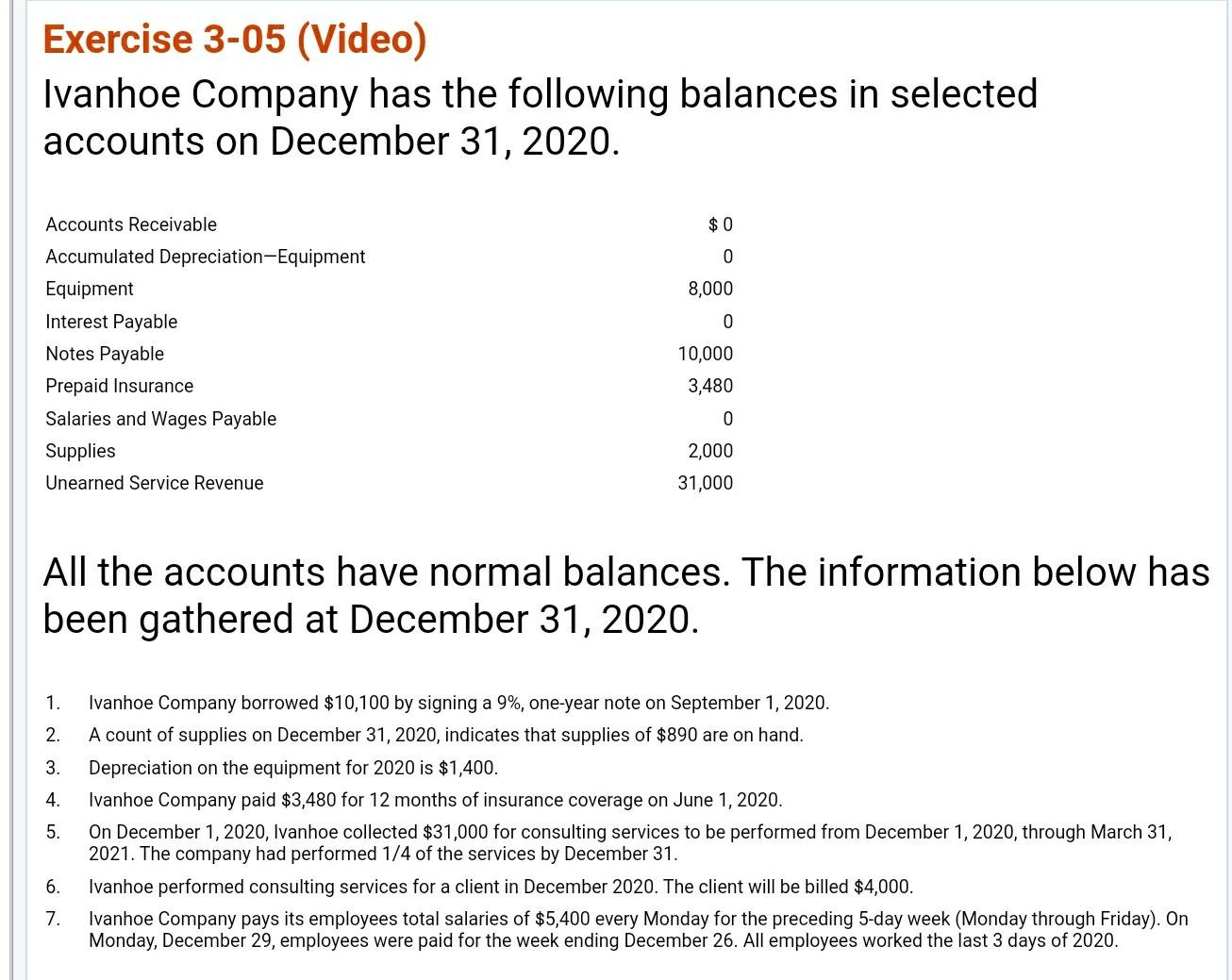 Excel format for answer, please Exercise 3-05 (Video) Ivanhoe Company has the