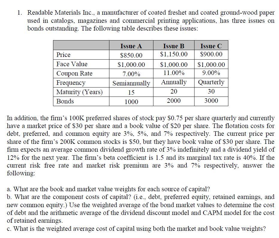 Please calculate in Excel and show work. 1. Readable Materials Inc., a
