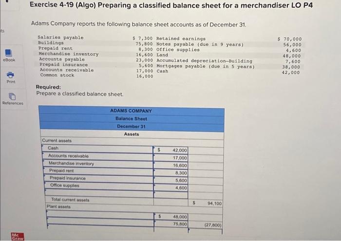  Exercise 4-19 (Algo) Preparing a classified balance sheet for a merchandiser