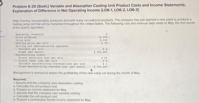  Problem 6-20 (Static) Variable and Absorption Costing Unit Product Costs and