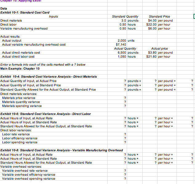  10: Applying Excel Data Exhibit 10-1: Standard Cost Card Inputs Direct