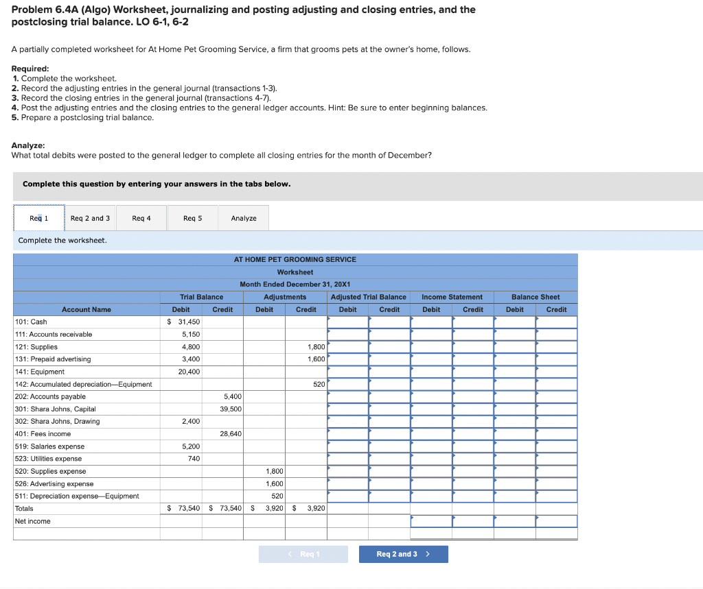  Problem 6.4A (Algo) Worksheet, journalizing and posting adjusting and closing entries,