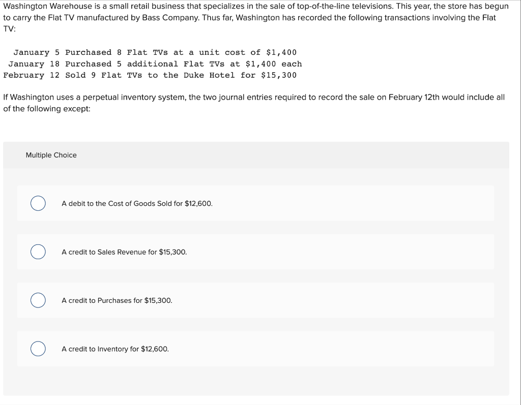 Question 1. Question 2. Washington Warehouse is a small retail business that