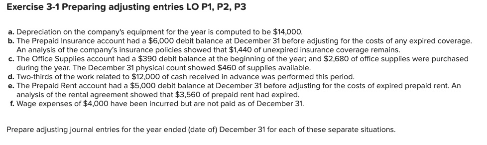  Exercise 3-1 Preparing adjusting entries LO P1, P2, P3 a. Depreciation