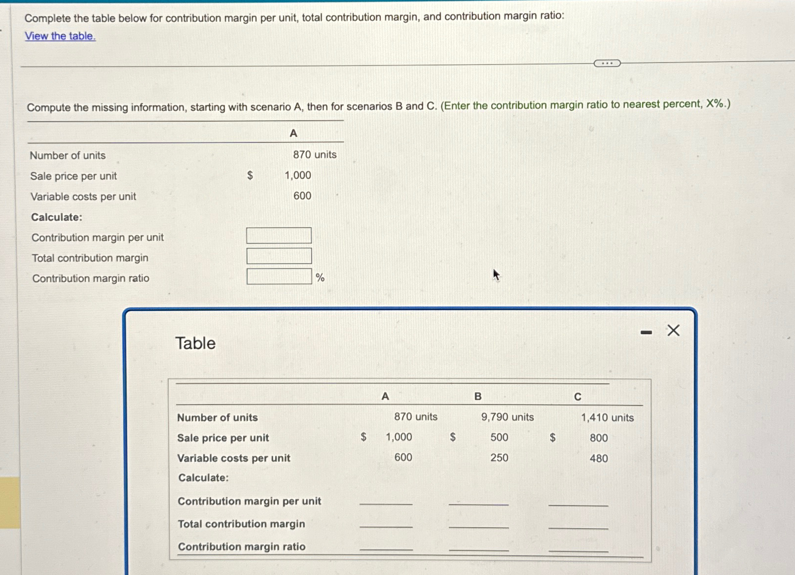  Complete the table below for contribution margin per unit, total contribution
