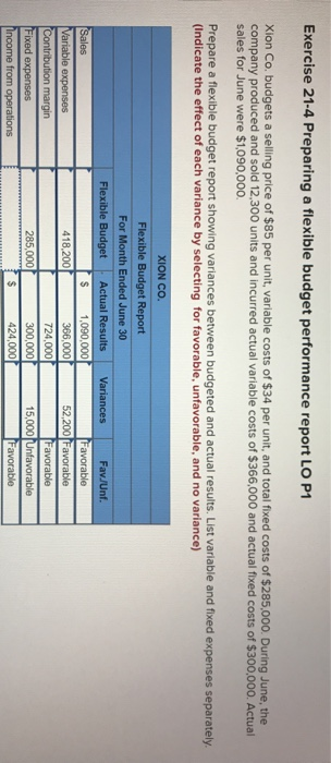  Exercise 21-4 Preparing a flexible budget performance report LO P1 Xion