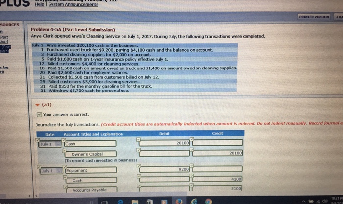  PLUS Help i system Announcements Problem 4-5A (Part Level Submission) Anya