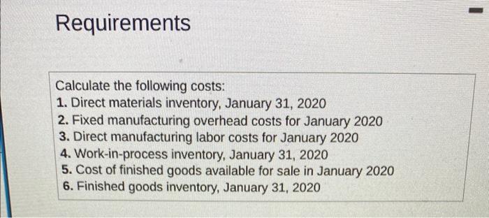 data.) Read the requirements. Requirement 1. Calculate the cost of direct materials