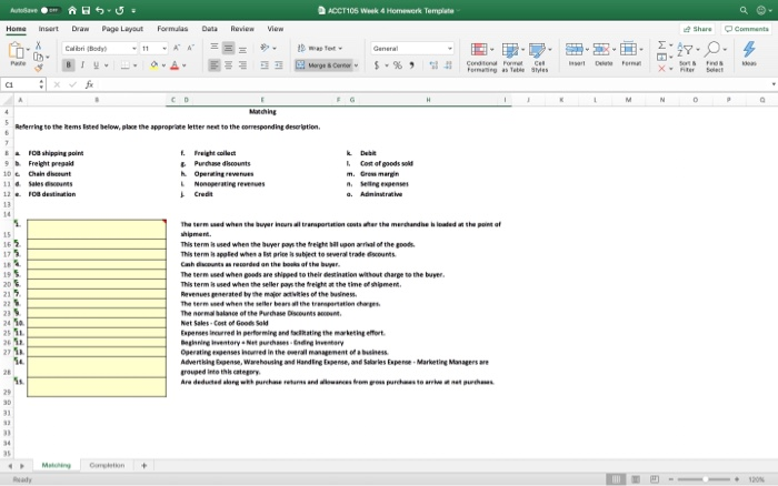  ACCT106 Week 4 Homework Template Alave B5.5 = Home Insert Draw