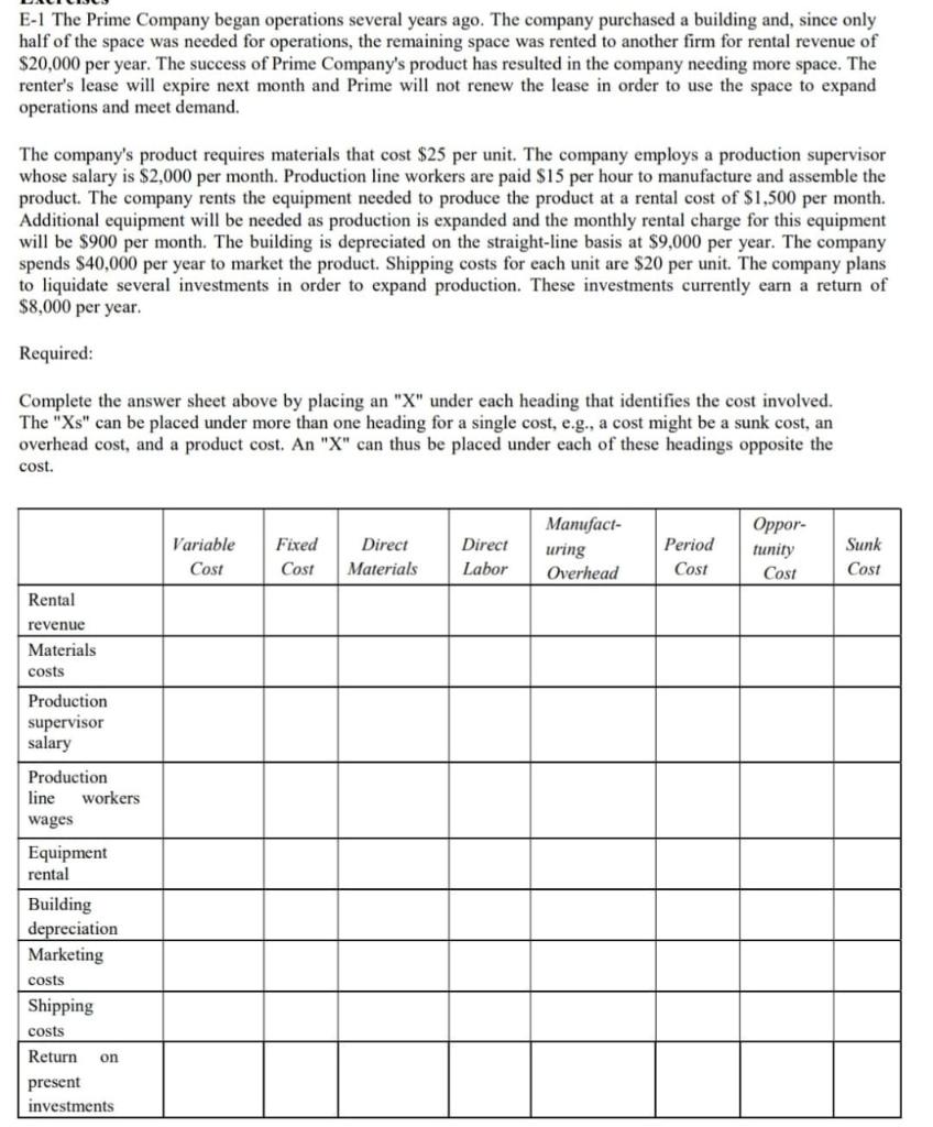 I need the answer as soon as possible E-1 The Prime Company