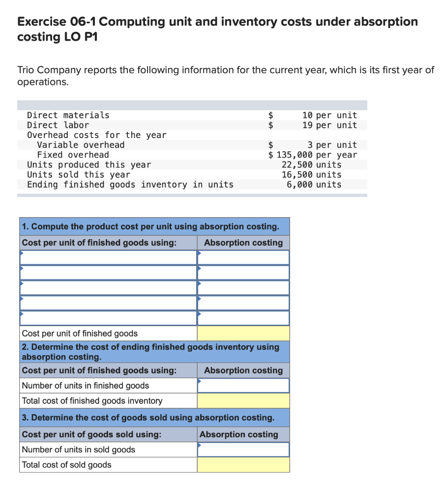  Exercise 06-1 Computing unit and inventory costs under absorption costing LO