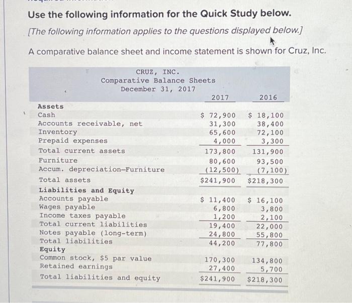  Use the following information for the Quick Study below. [The following