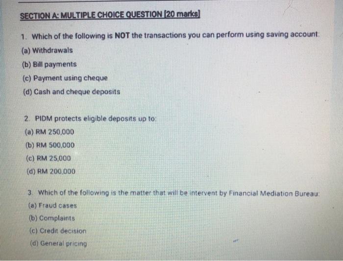  SECTION A: MULTIPLE CHOICE QUESTION (20 marks 1. Which of the