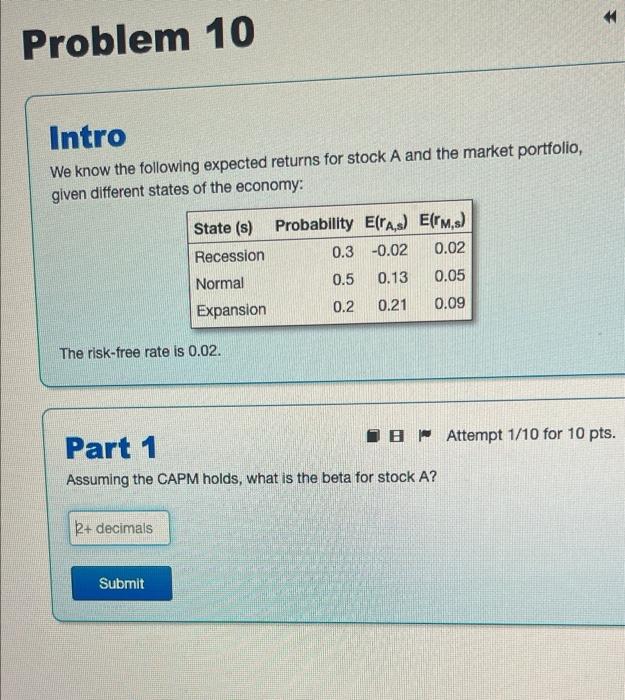  Problem 10 Intro We know the following expected returns for stock