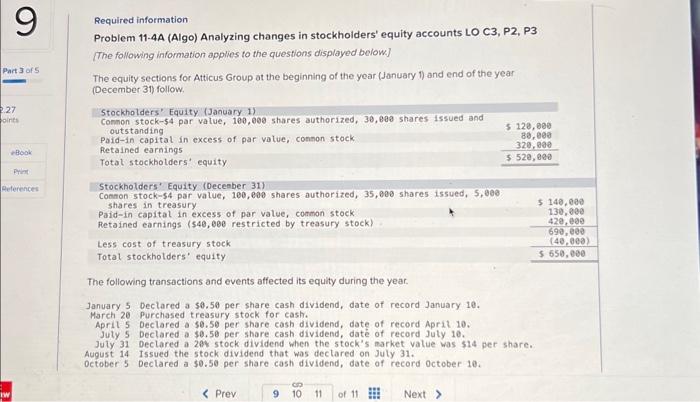  Required information Problem 11-4A (Algo) Analyzing changes in stockholders' equity accounts