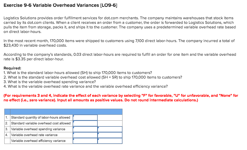  Exercise 9-6 Variable Overhead Variances [LO9-6] Logistics Solutions provides order fulfillment