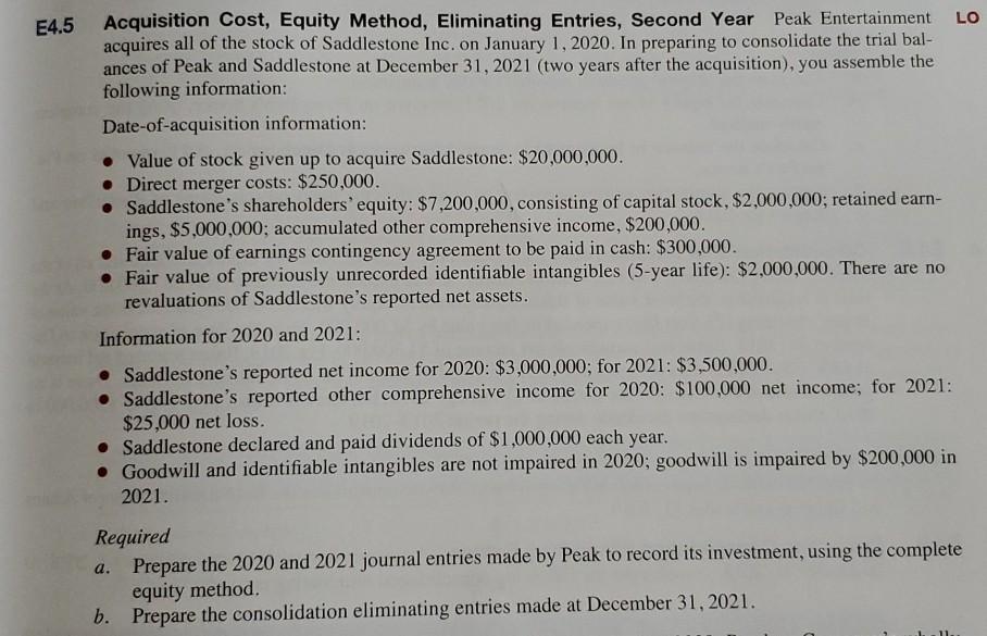  E4.5 Acquisition Cost, Equity Method, Eliminating Entries, Second Year Peak Entertainment