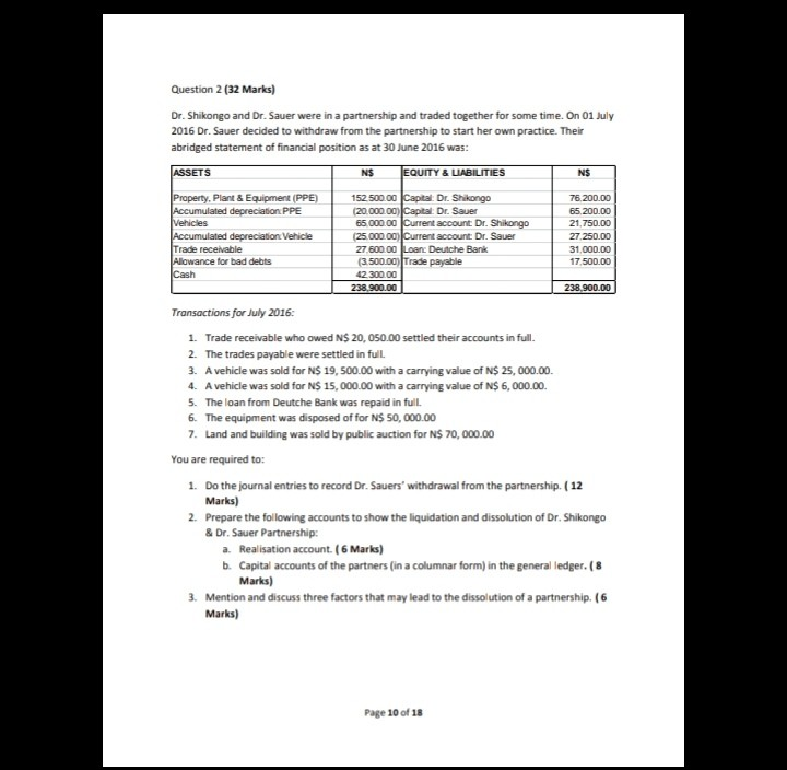 Please answer the whole question. Question 2 (32 Marks) Dr. Shikongo