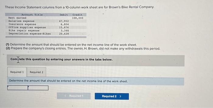  These Income Statement columns from a 10-column work sheet are for