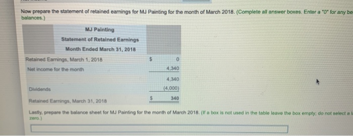 retained earnings, and balance sheet for MJ Painting for the me The