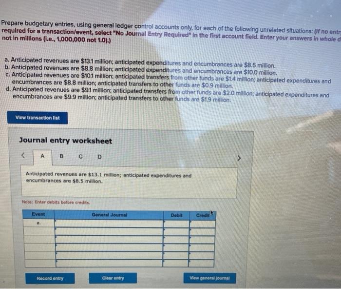  Prepare budgetary entries, using general ledger control accounts only, for each