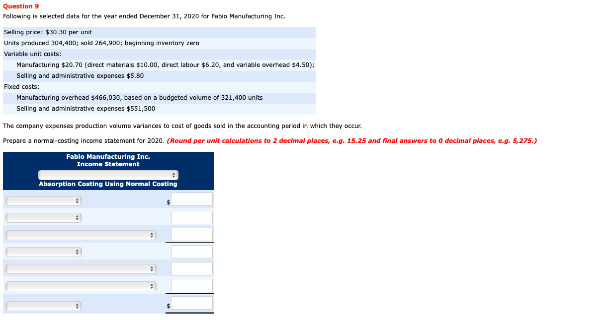  Question 9 Following is selected data for the year ended December