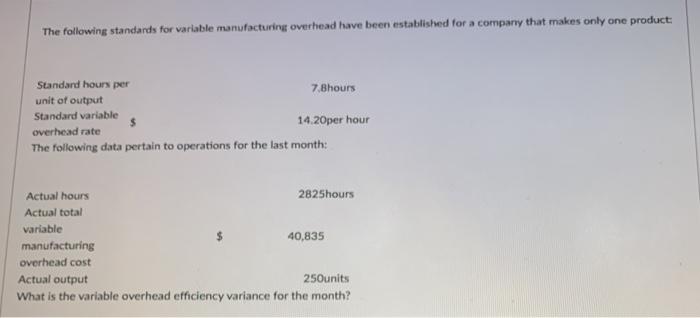  The following standards for variable manufacturing overhead have been established for