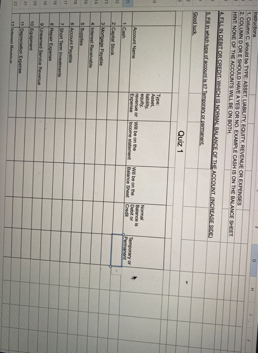  G H Instructions 1. Column C. should be TYPE: ASSET, LIABILITY,