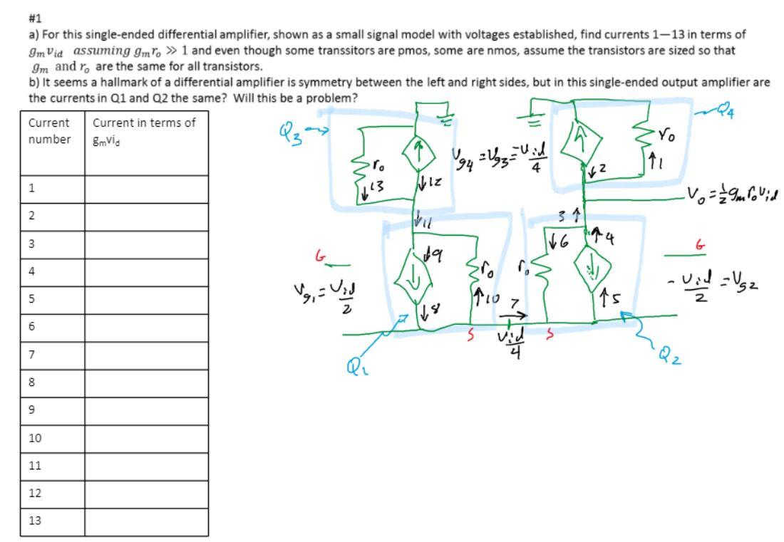  #1 a) For this single-ended differential amplifier, shown as a small