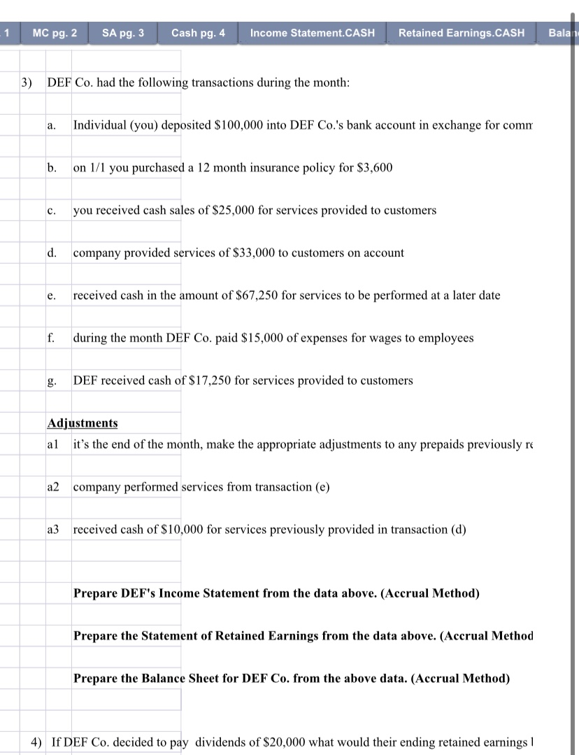 1 MC pg. 2 SA pg. 3 Cash pg. 4 Income