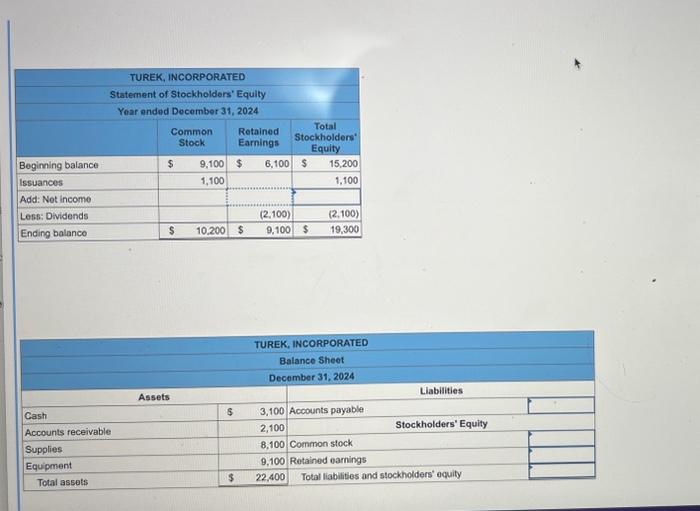 please help me calculate the missing amounts. TUREK, INCORPORATED Statement of Stockholders'