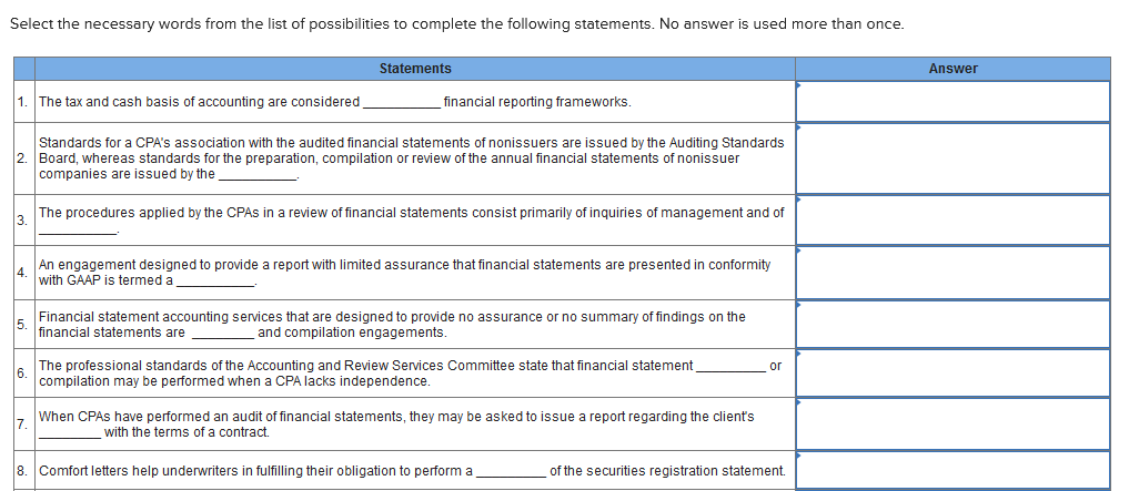 PLEASE NOTE THIS IS ALL ONE QUESTION: Select the necessary words from