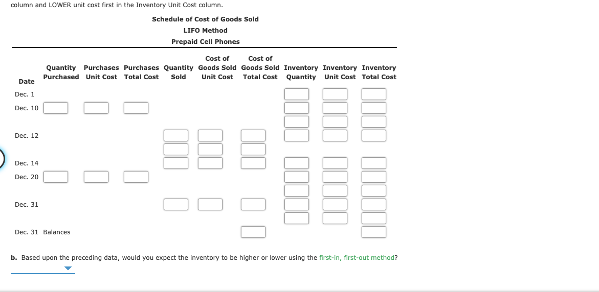 prepaid cell phones for December are as follows: Inventory Purchases Sales Dec.