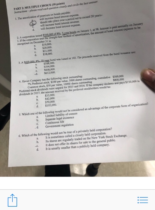  PART 2: MULTIPLE CHOICE (10 points) Instructions-please read each question closely