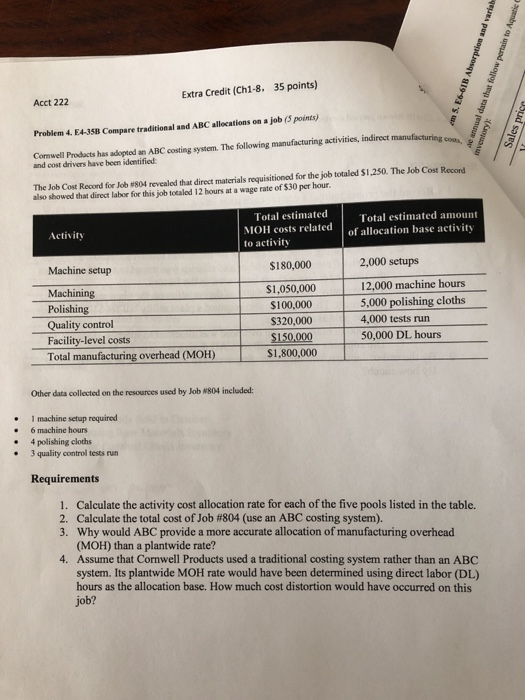 please answer, will rate! 35 points) Extra Credit (Ch1-8. Acct 222 Problem