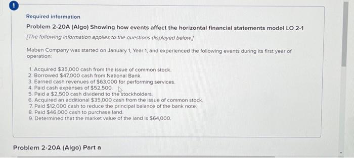  Required information Problem 2-20A (Algo) Showing how events affect the horizontal