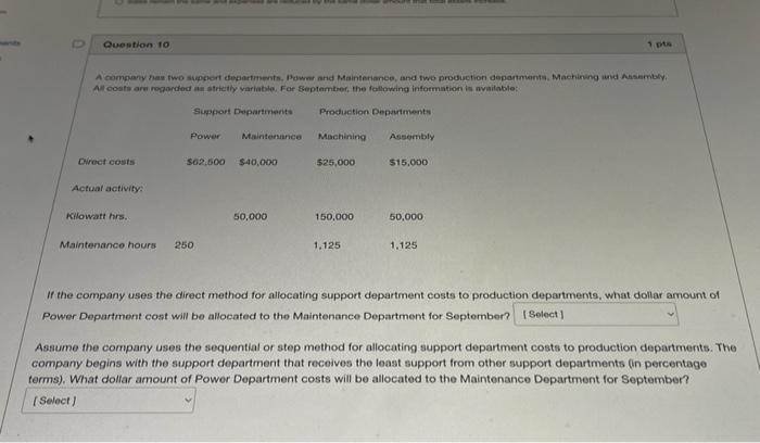  If the company uses the direct method for allocating support department