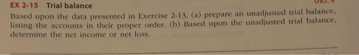  EX 2-15 Trial balance Based upon the data presented in Exercise