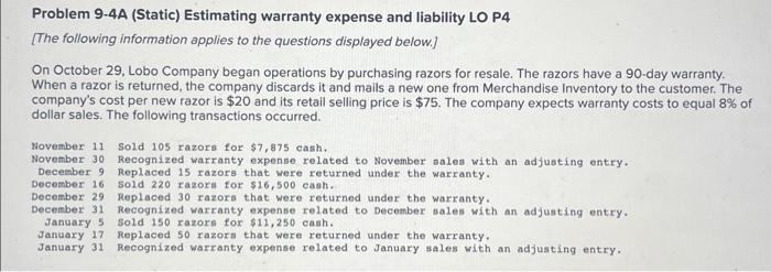  Problem 9-4A (Static) Estimating warranty expense and liability LO P4 [The