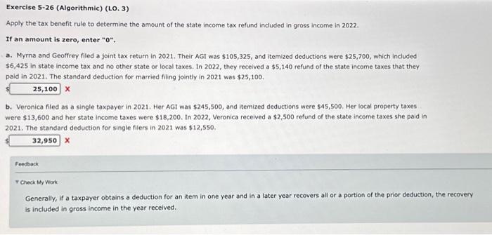  Exercise 5-26 (Algorithmic) (LO, 3) Apply the tax benefit rule to