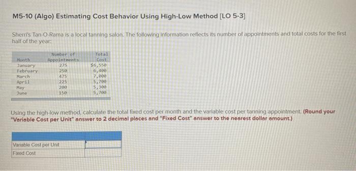 M5-10 (Algo) Estimating Cost Behavior Using High-Low Method [LO 5-3) Sherri's