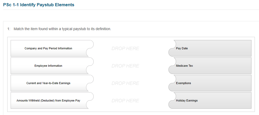 PSC 1-1 Identify Paystub Elements 1: Match the item found within