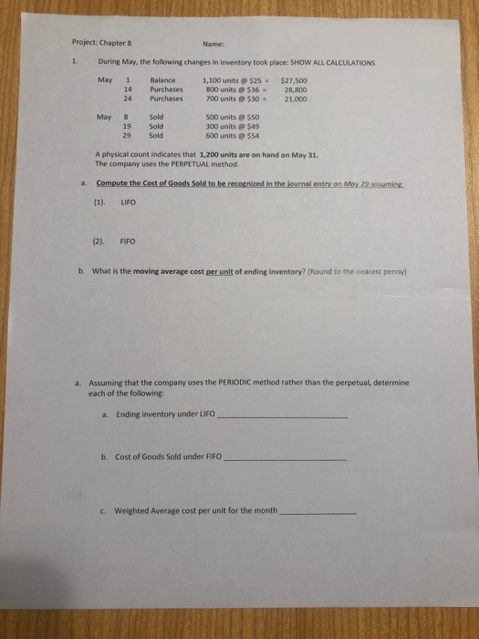  Project: Chapter 8 Name: During May, the following changes in inventory