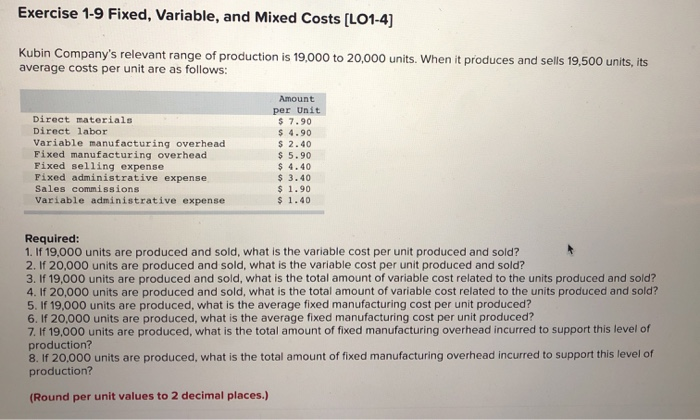  Exercise 1-9 Fixed, Variable, and Mixed Costs [LO1-4] Kubin Company's relevant