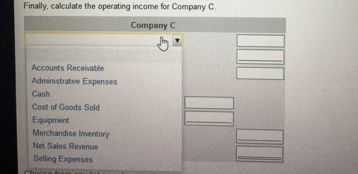 Revenue Finished Goods Inventory Cost of Goods Sold Selling Expenses Equipment Work-in-Process