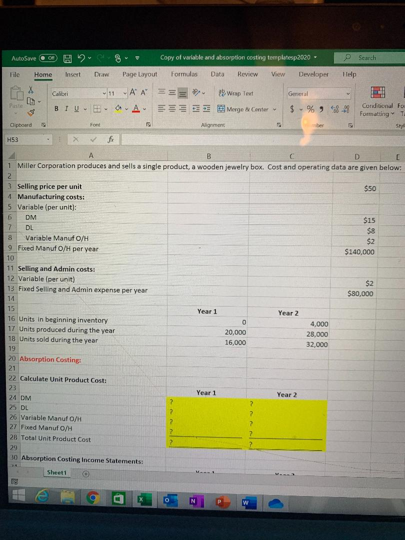 Absorption costing Spreadsheet Dropbox by inserting formulas or cell references in all