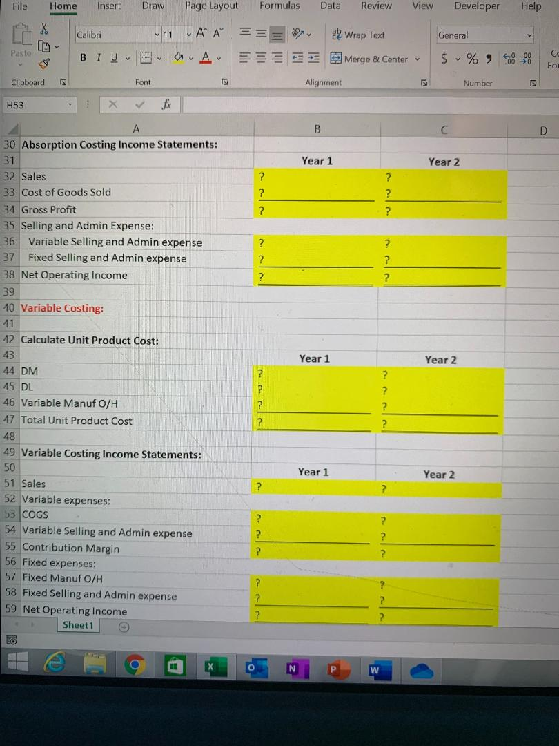 cells highlighted yellow. Each cell that requires a formula or cell reference